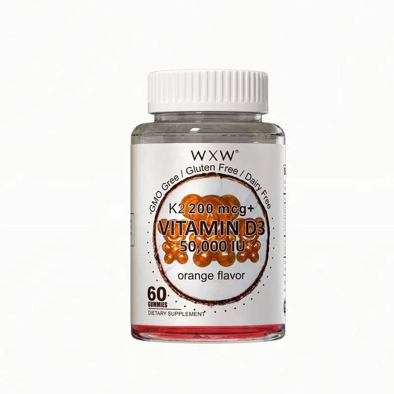Transparent glass bottle of wxx brand orange flavored vitamin d3 k2 supplementing granules soft candy 60ct