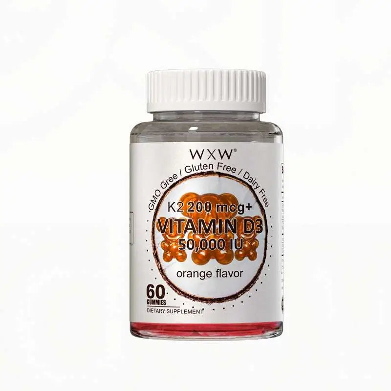Transparent glass bottle of wxx brand orange flavored vitamin d3 k2 supplementing granules soft candy 60ct