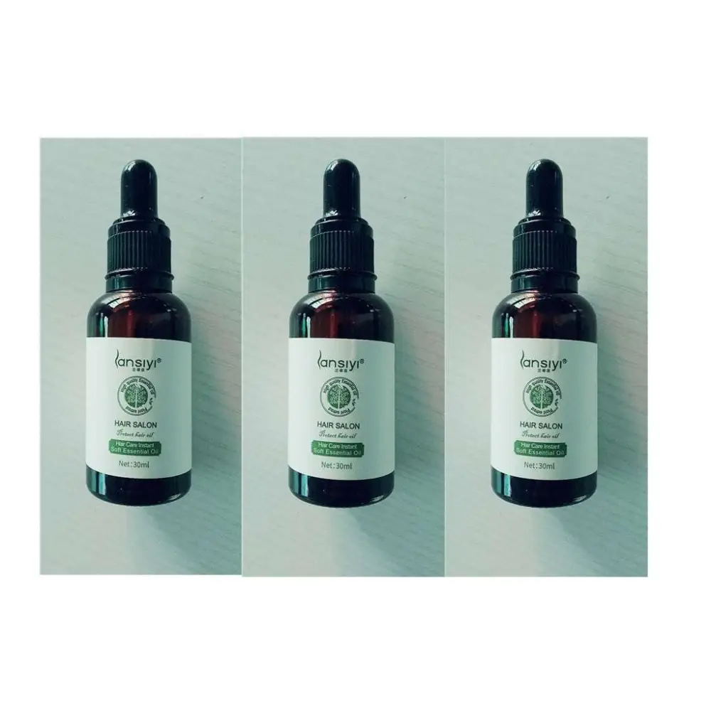 Three 30ml dark amber bottles of lansiyi hair salon vitamin e rich hair care essential oil with black dropper caps