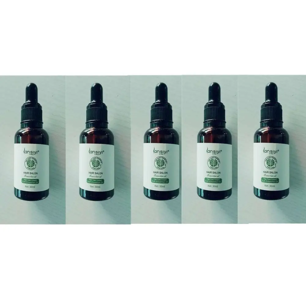 Five vitamin e rich hair care essential oil bottles with dark amber glass and black dropper caps by lansiyi hair salon