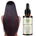 A sleek dark brown vitamin e rich hair care essential oil bottle with black dropper cap and hair salon label