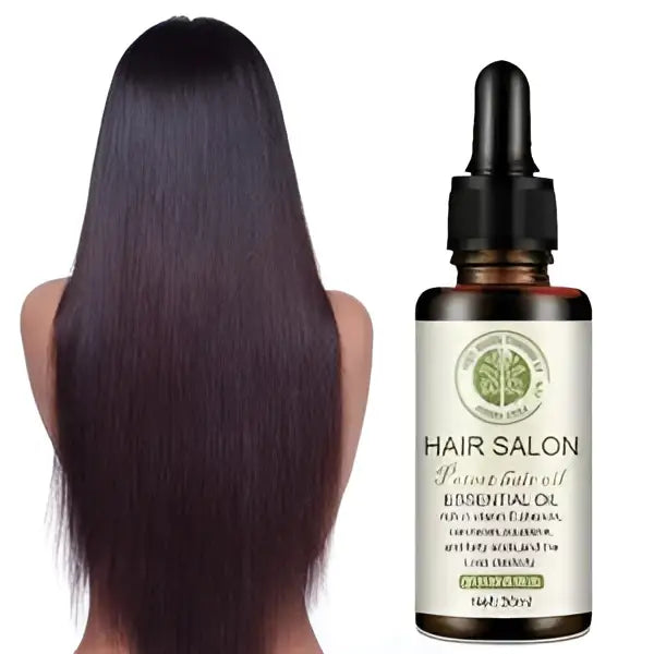 A sleek dark brown vitamin e rich hair care essential oil bottle with black dropper cap and hair salon label