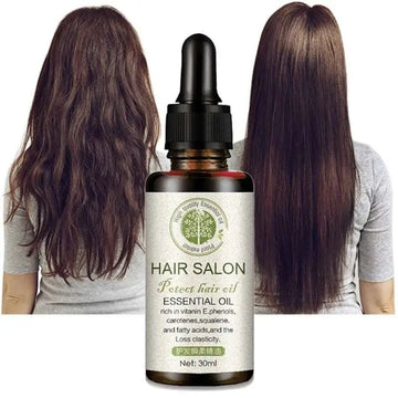 Dark amber glass bottle with black dropper cap labeled vitamin e rich hair care essential oil for perfect hair care