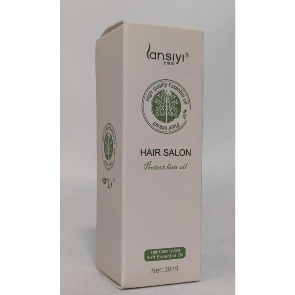 White rectangular box of lansiyi vitamin e rich hair care essential oil with black dropper cap 30ml net volume