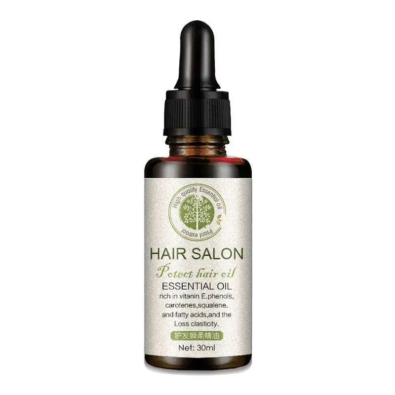 Dark amber glass bottle with black dropper cap labeled vitamin e rich hair care essential oil for perfect hair care