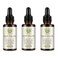 Three amber glass bottles of vitamin e rich hair care essential oil with black dropper cap and silver label with green text