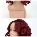 Voluminous burgundy curly synthetic wig with side-swept fringe high temperature wire suitable for european beauty styles