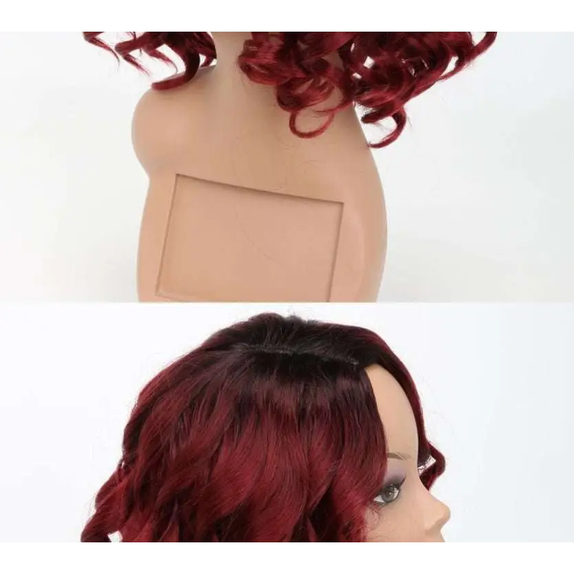 Voluminous burgundy curly european beauty wig with vibrant curly red hair and dark root-to-tip ombre effect made of high temperature wire