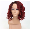A voluminous burgundy curly european beauty wig with deep red curls displayed on a mannequin head with high temperature wire fibers