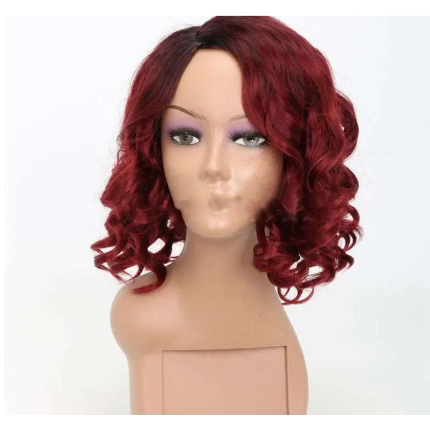A voluminous burgundy curly european beauty wig with deep red curls displayed on a mannequin head with high temperature wire fibers