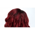 A voluminous burgundy curly european beauty wig with deep burgundy waves and subtle darker root gradient made with high temperature wire