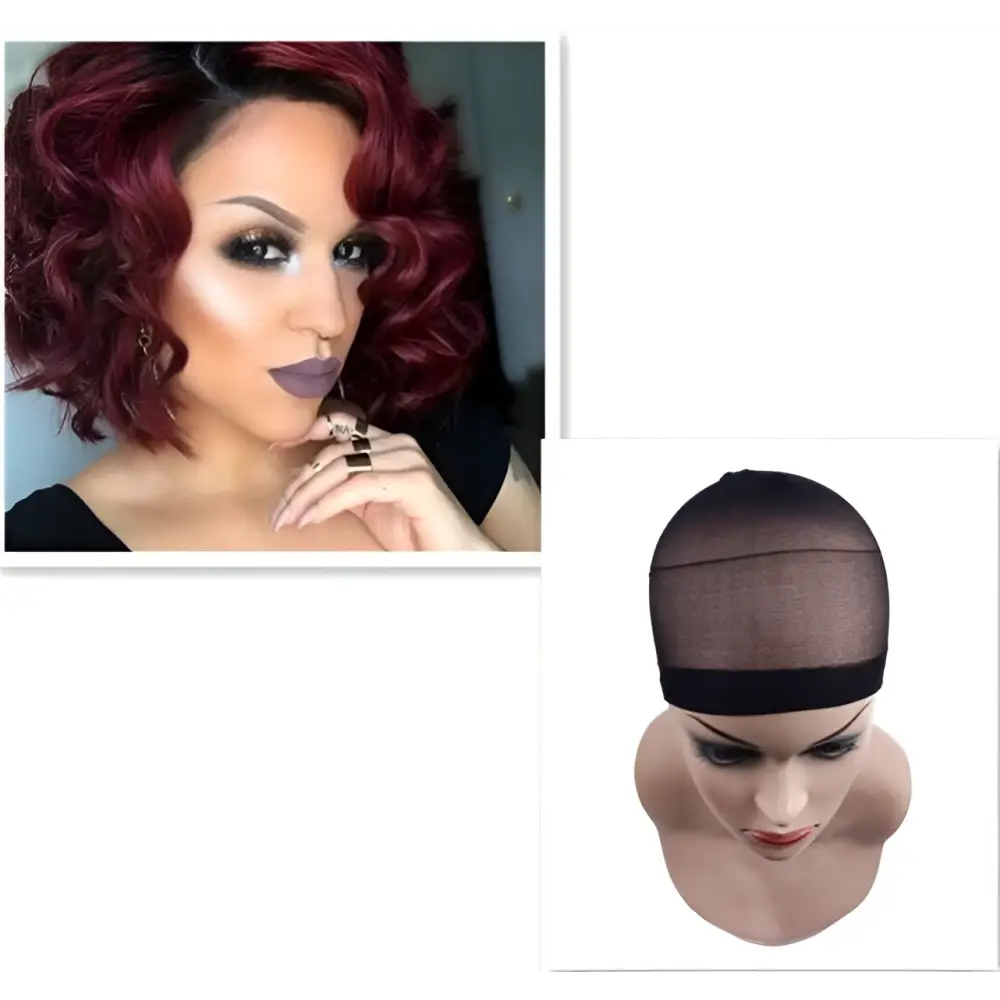 Black sheer lace wig cap with solid black band for voluminous burgundy curly european beauty wig with high temperature wire