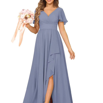 Dessiny Plus Size Steel Blue Bridesmaid Dress Chiffon for Women 2025 Short Sleeves Pleated Bridesmaid Dresses for Women Long US18W