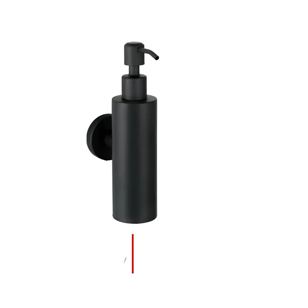 Black matte-finish wall mounted bathroom hardware pendant lotion bottle with sleek cylindrical body and pump mechanism