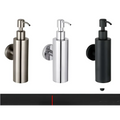 Three sleek wall mounted bathroom hardware pendant lotion bottles in brushed stainless steel polished chrome and matte black finishes