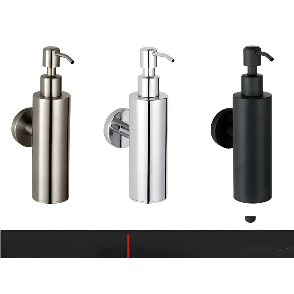 Three sleek wall mounted bathroom hardware pendant lotion bottles in brushed stainless steel polished chrome and matte black finishes