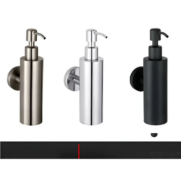 Three sleek wall mounted bathroom hardware pendant lotion bottles in brushed stainless steel polished chrome and matte black finishes