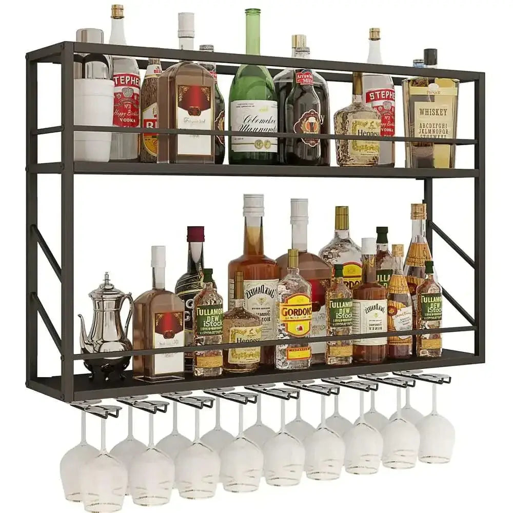 Black metal two-tier wall mounted metal wine rack with glassware holders for display storage holder use