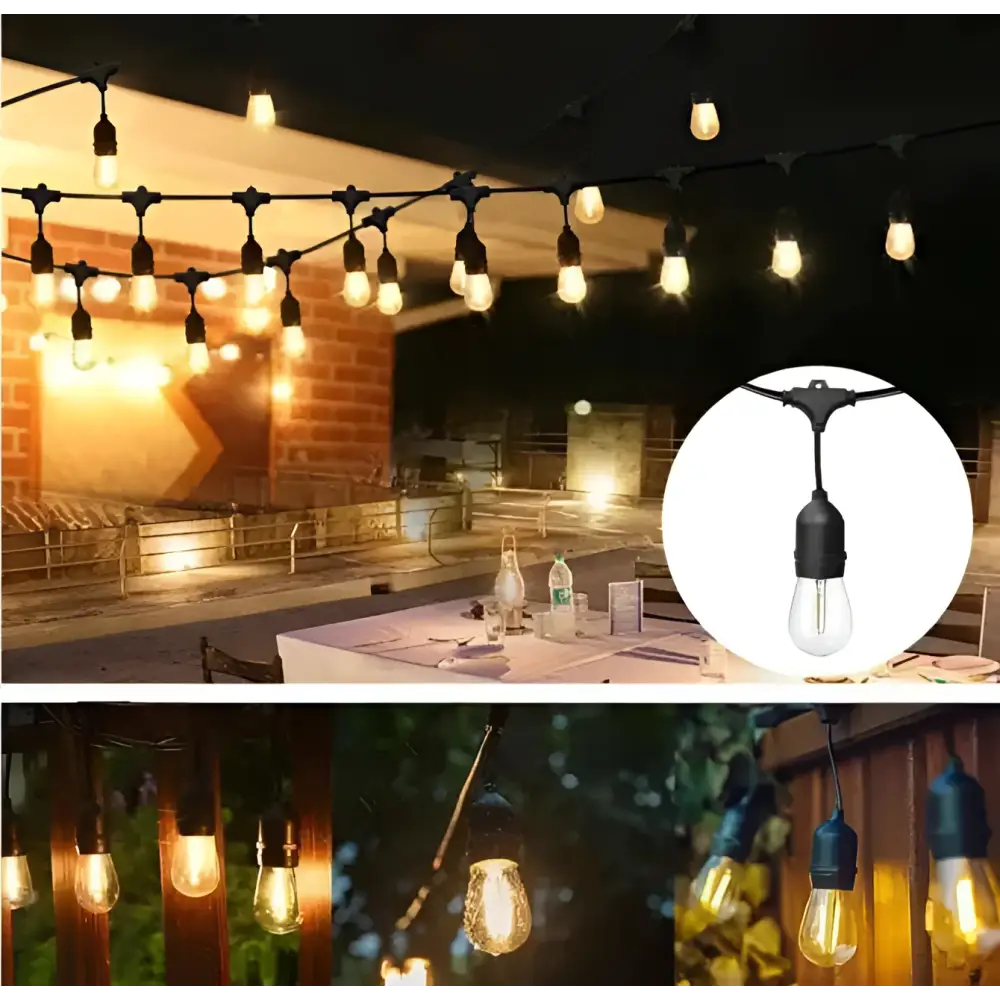 Black outdoor warm edison solar string lights with clear glass bulbs and LED landscape garden filament design