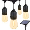 Black outdoor warm edison solar string lights with glowing bulbs and solar panel for led landscape garden lighting