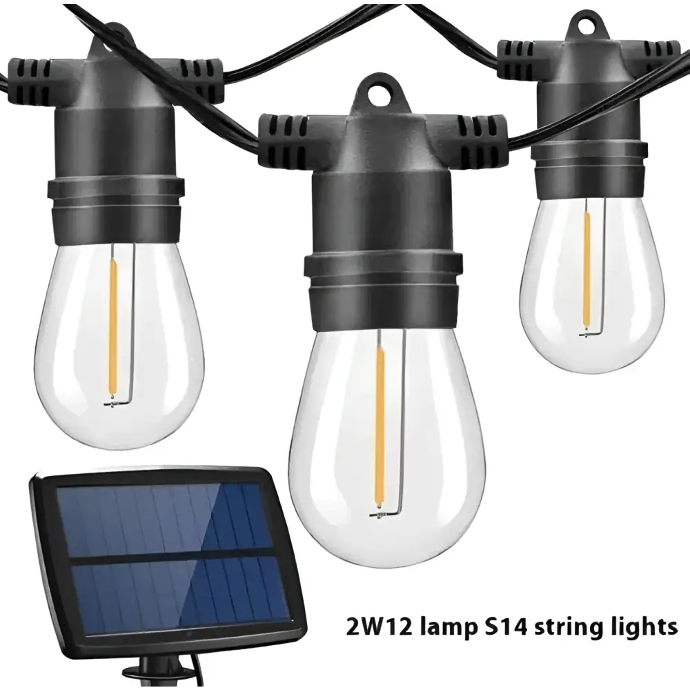 Warm edison solar string lights with black plastic s14 bulbs and clear glass housing warm white led landscape garden lighting