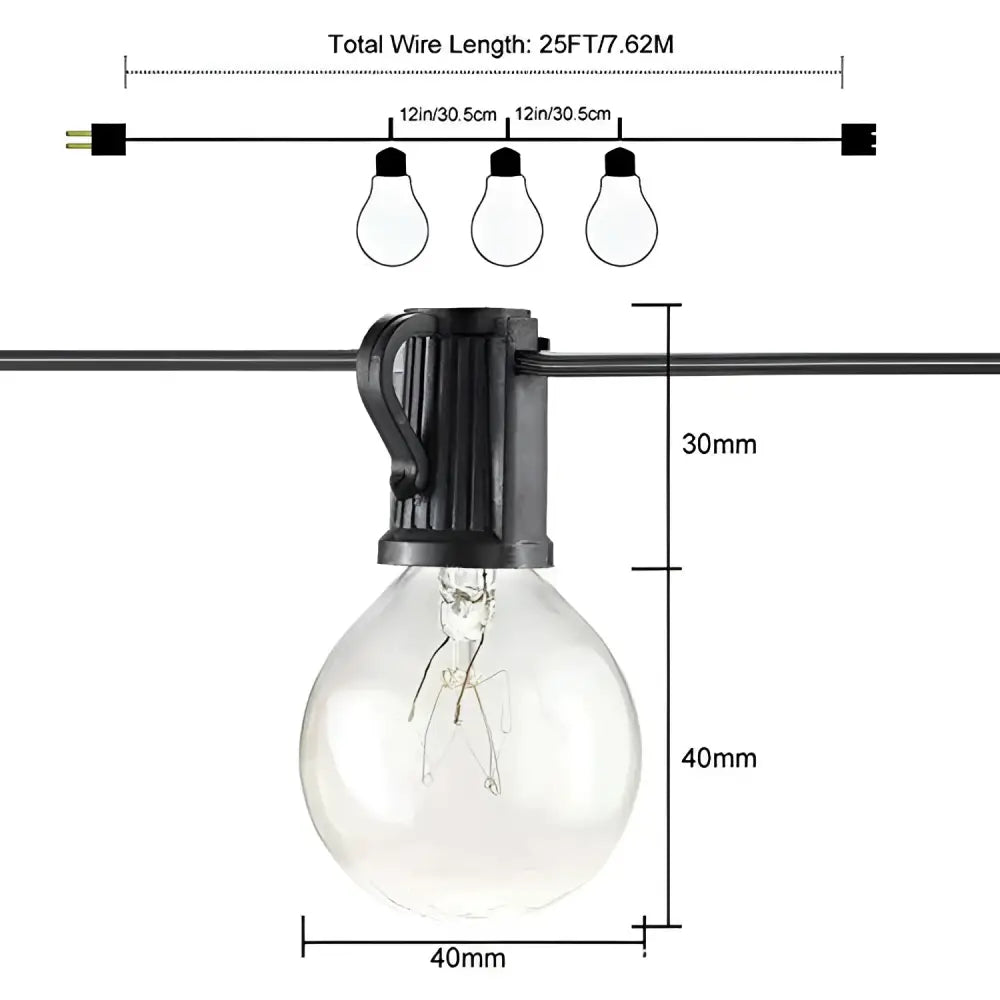 Black plastic fixture holding a clear glass globe bulb with visible filament in warm waterproof string lights