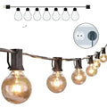 Warm waterproof string lights with warm-toned glass globes and black plastic holders featuring a power cord