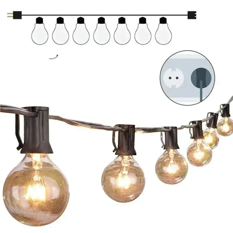 Warm waterproof string lights with warm-toned glass globes and black plastic holders featuring a power cord