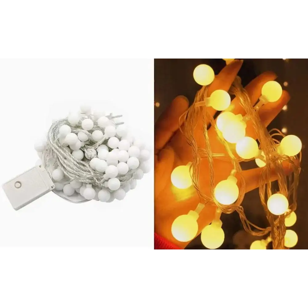 Warm yellow sunshine pearl lights featuring white spherical led pearls on silver wire with battery pack