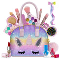 Washable unicorn kids makeup kit with glitter bag features a rainbow gradient finish and pink handles with black eyes