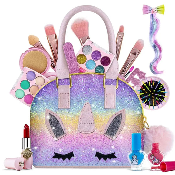 Washable unicorn kids makeup kit with glitter bag features a rainbow gradient finish and pink handles with black eyes