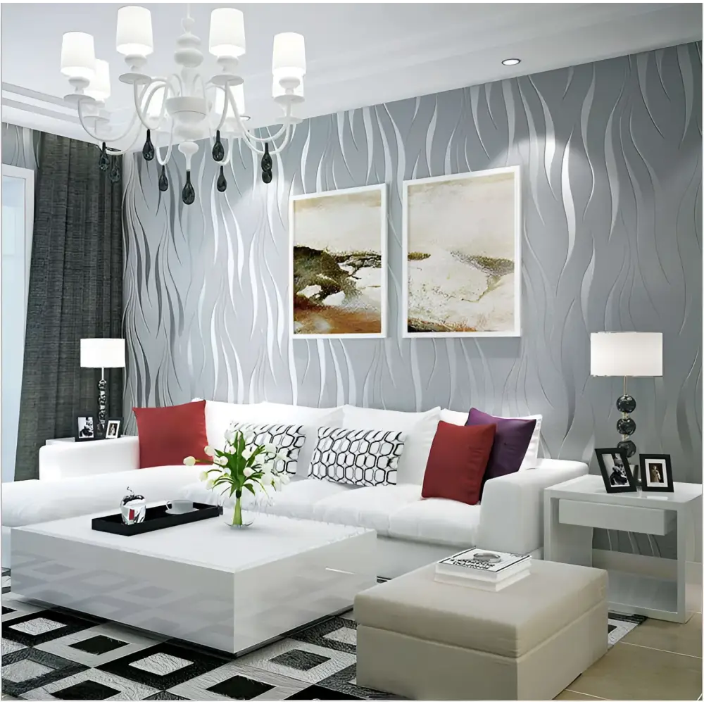 White sectional sofa with red and purple accent pillows displayed in a room featuring water ripple non woven wallpaper for women’s fashion interiors