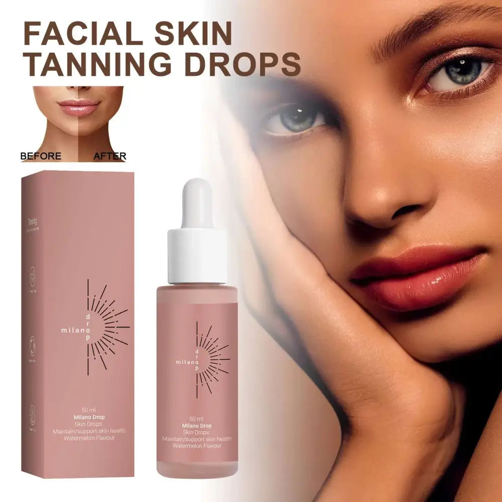 Pink glass bottle with white dropper cap and matching pink box of d r milano p watermelon tanning face serum skin repair drops
