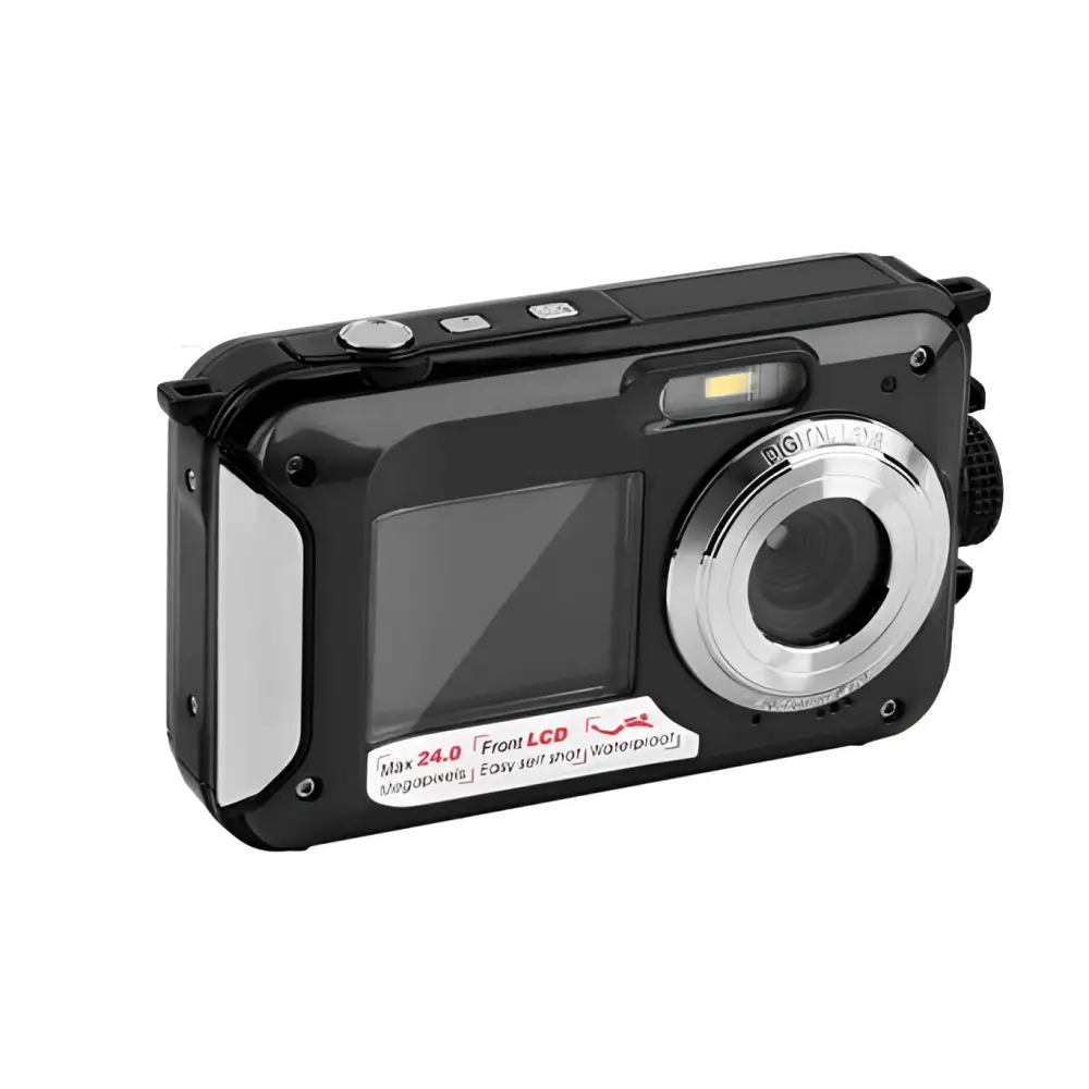 Waterproof 24mp rugged selfie digital camera in black with silver lens ring and textured grip for durable use