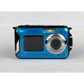Waterproof 24mp rugged selfie digital camera in blue with a silver lens ring and black protective casing