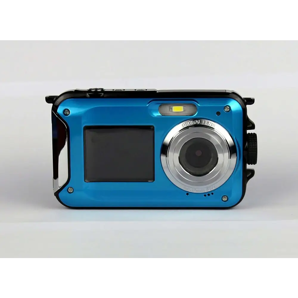 Waterproof 24mp rugged selfie digital camera in blue with a silver lens ring and black protective casing
