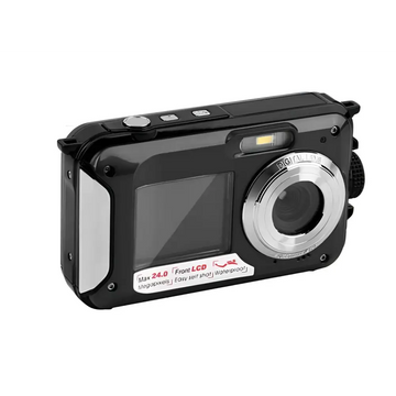 Waterproof 24mp rugged selfie digital camera in black with silver lens ring and textured grip featuring waterproof design