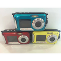 Three waterproof 24mp rugged selfie digital cameras in teal red and yellow with silver lens rings and durable plastic bodies
