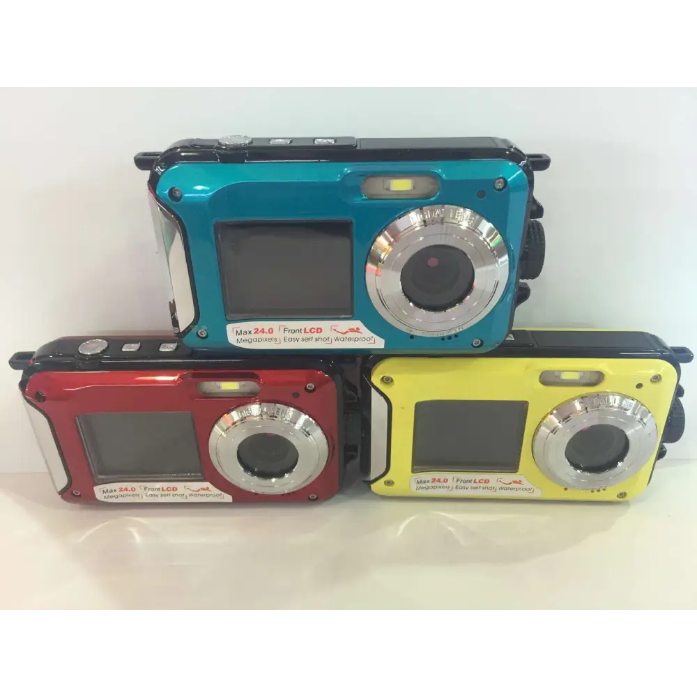 Three waterproof 24mp rugged selfie digital cameras in teal red and yellow with silver lens rings and durable plastic bodies
