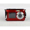 Red waterproof 24mp rugged selfie digital camera with silver lens ring and black protective casing for outdoor use