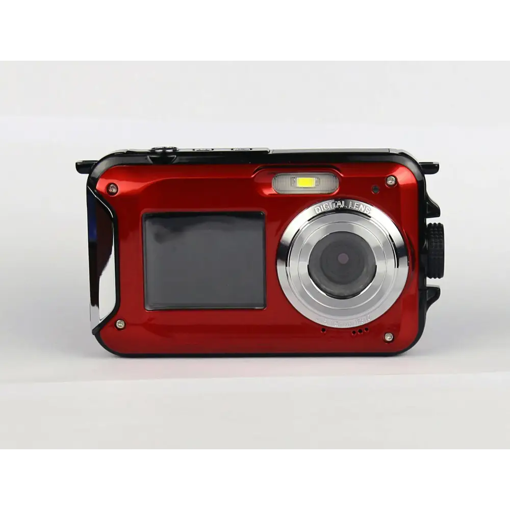 Red waterproof 24mp rugged selfie digital camera with silver lens ring and black protective casing for outdoor use