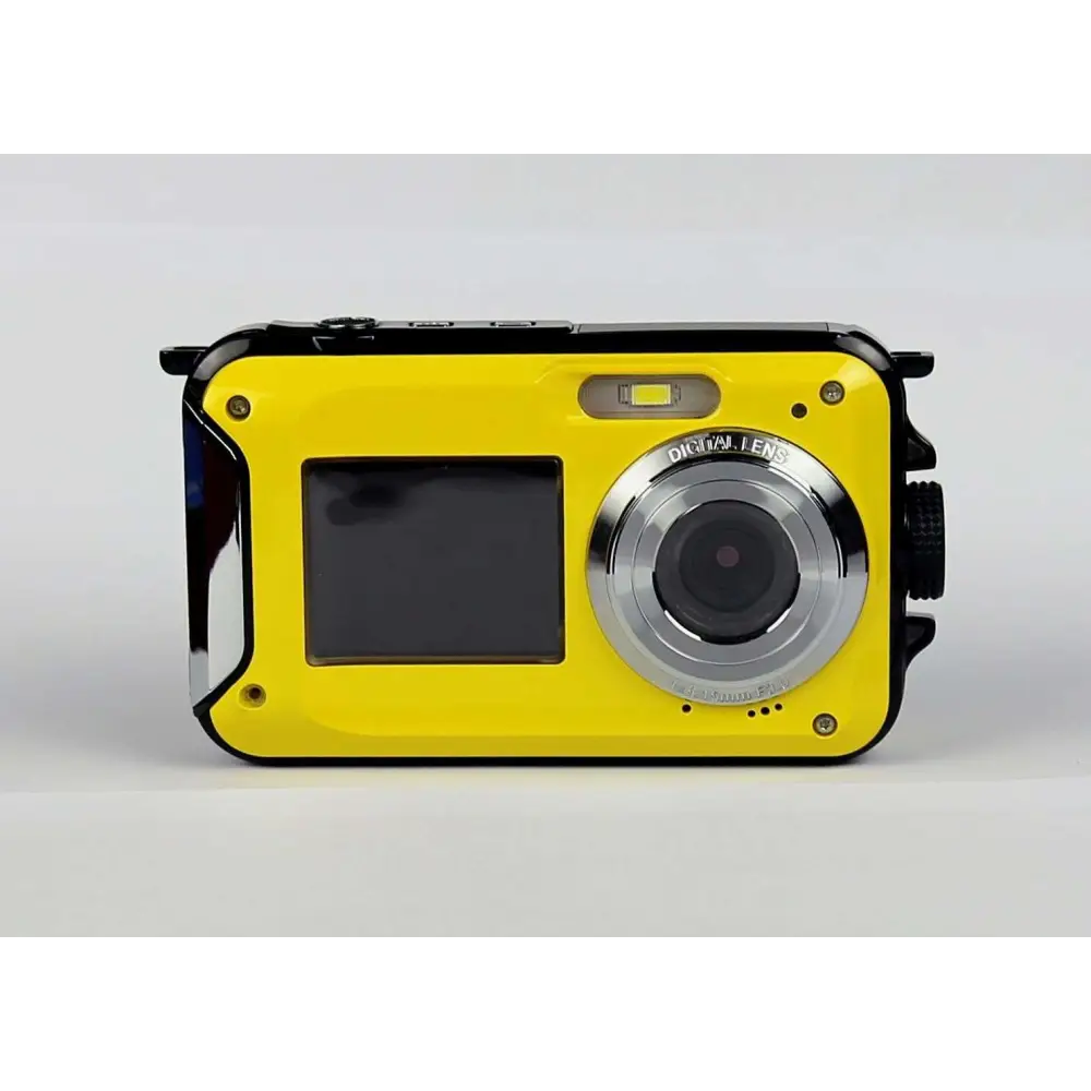 Bright yellow waterproof 24mp rugged selfie digital camera with silver lens ring and black accents for outdoor use