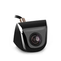 Black waterproof car camera with glossy finish and coiled cable showing night vision reversing system back side