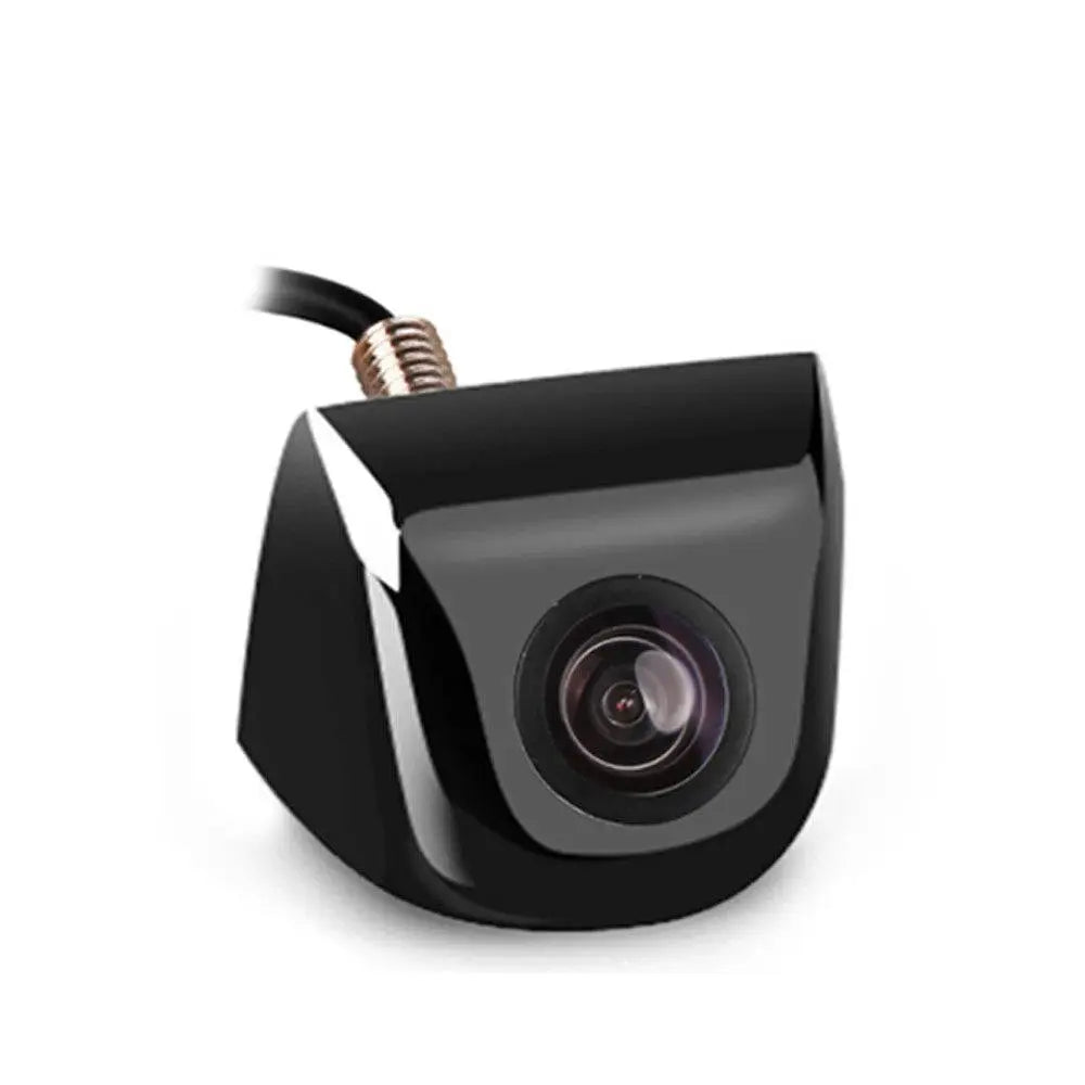Black waterproof car camera with glossy finish and coiled cable showing night vision reversing system back side