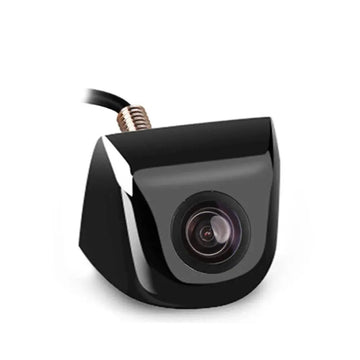Black waterproof car camera with glossy finish and coiled cable showing night vision reversing system back side