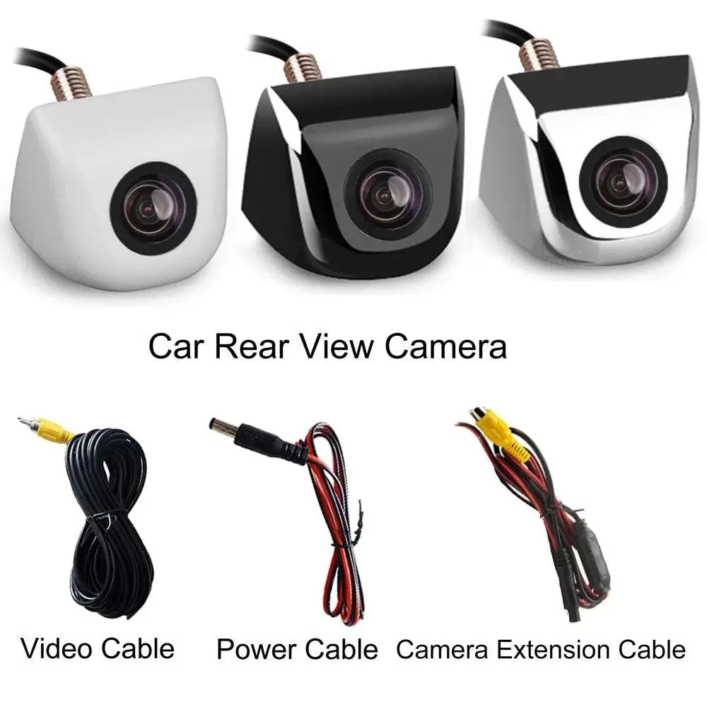 Three waterproof car camera rear views in white black and chrome with night vision reversing and monitor supports