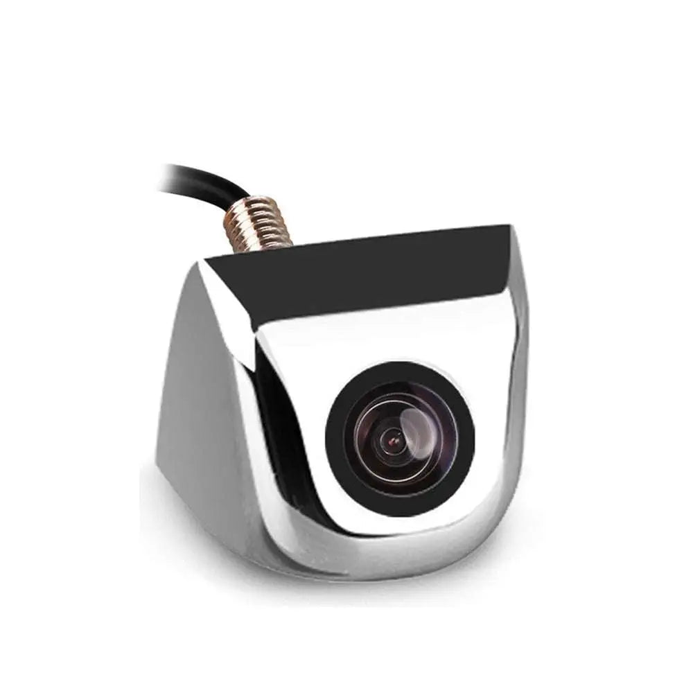 Chrome-finished waterproof car camera with black lens and threaded connector for night vision reversing monitor supports