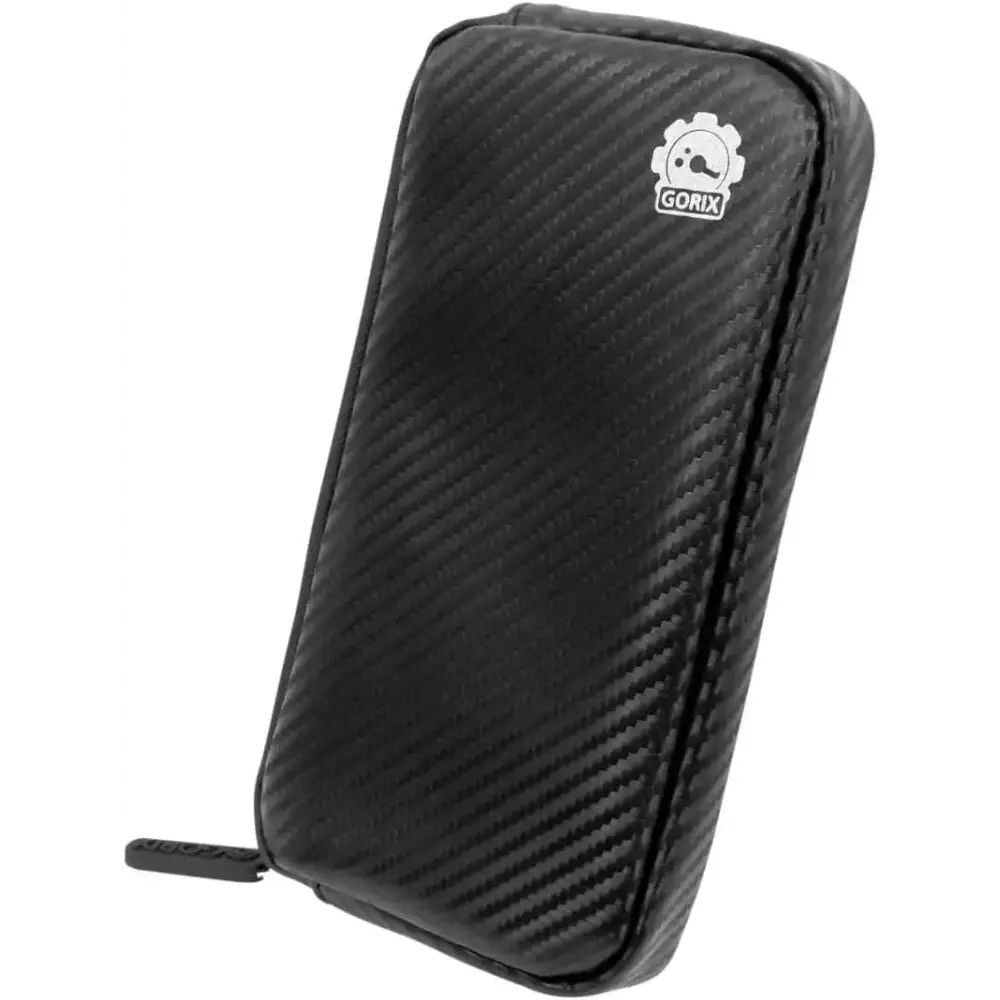 Black waterproof carbon fiber gorix cycle wallet pouch featuring textured surface with white logo for cycling use