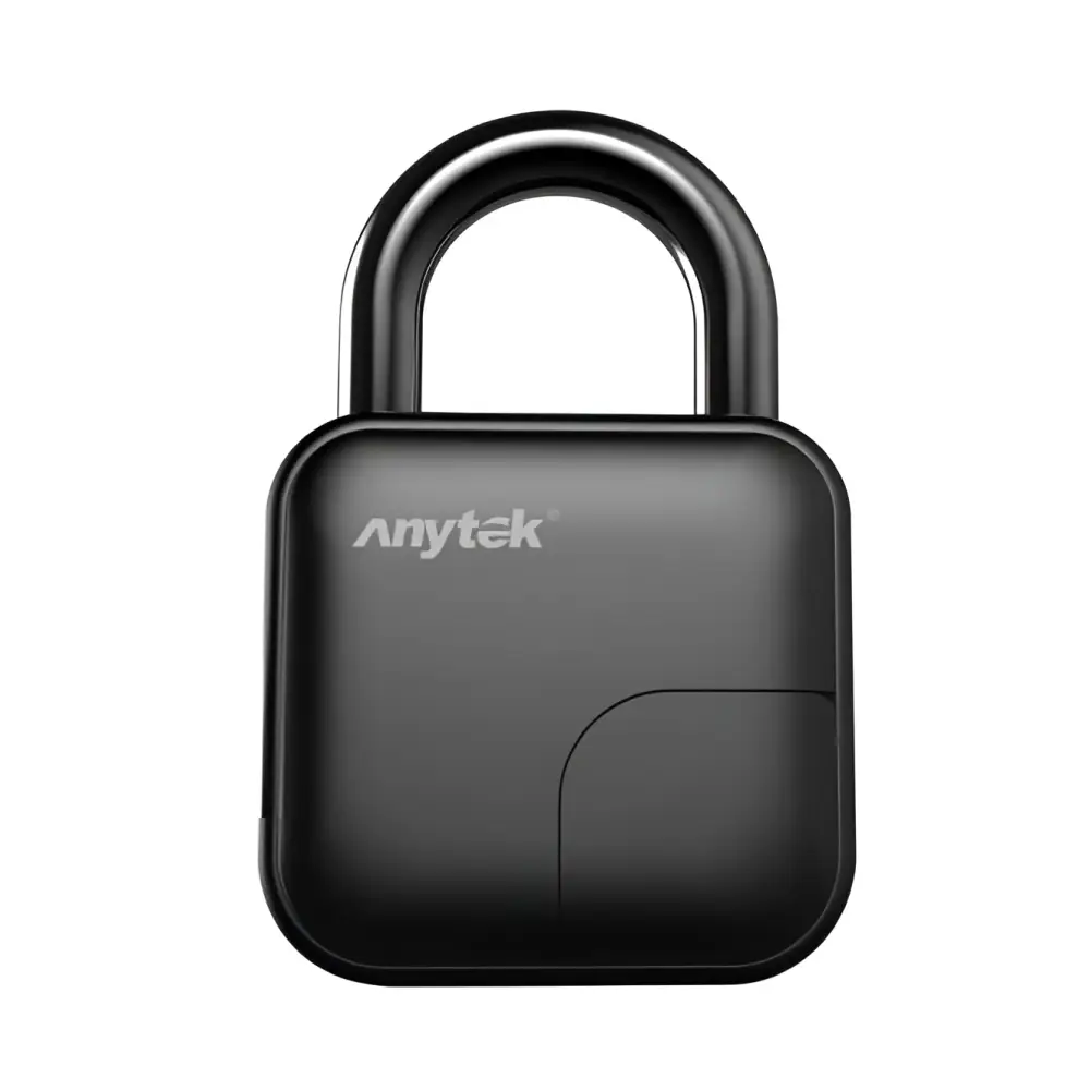 Black anytek fingerprint padlock with sleek rectangular design and metallic shackle in smart lock waterproof model l3