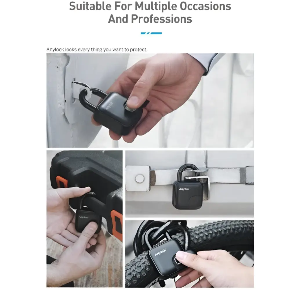 Black anylock fingerprint padlock with sleek rectangular design and integrated keypad for smart lock waterproof security